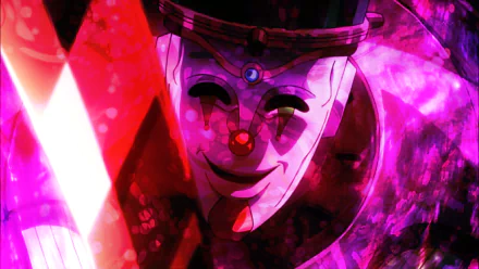 HD PC wallpaper of Death 13 (JoJo's Bizarre Adventure): eerie anime close-up of a masked, clown-like face bathed in vivid pink and red light.