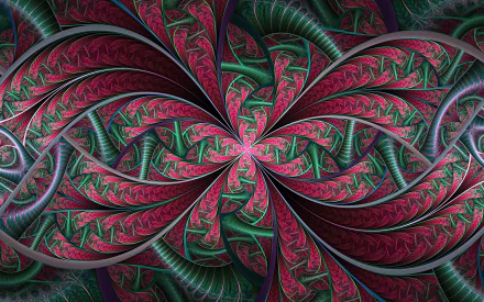HD desktop wallpaper featuring an abstract fractal design with intertwining green and pink patterns, creating a vibrant and dynamic visual effect.