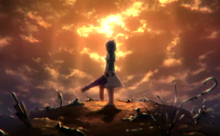 Kogasa Tatara from Touhou stands on a hill under a dramatic sky with sunbeams, holding an umbrella, rendered in HD anime style for a PC desktop background.