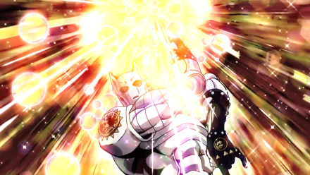 Killer Queen from JoJo's Bizarre Adventure — anime HD PC wallpaper showing the Stand lunging forward through a blazing golden explosion of light and energy.