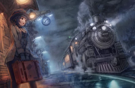 Anime-style HD desktop wallpaper of a train station under the rain. A clock hangs from the station, while a person in a coat and hat waits with a suitcase as a steam train arrives.