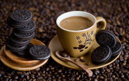A stack of Oreo cookies and a cup of coffee surrounded by coffee beans create a cozy HD desktop wallpaper with a warm, inviting food and beverage theme.