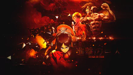 HD anime desktop wallpaper featuring Eren Yeager in Attack on Titan, showcasing dynamic action with fiery, intense red and black tones.