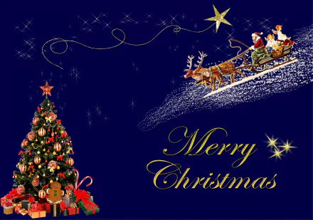 HD desktop wallpaper of a festive Christmas scene with a decorated tree and Santa in a sleigh against a starry night sky, captioned Merry Christmas in gold text.