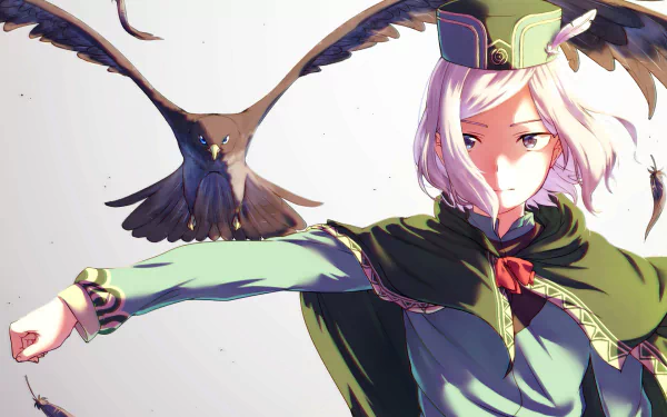 HD anime wallpaper featuring a character from Re:Zero - Starting Life in Another World with white hair and a green cloak, accompanied by dark flying birds.