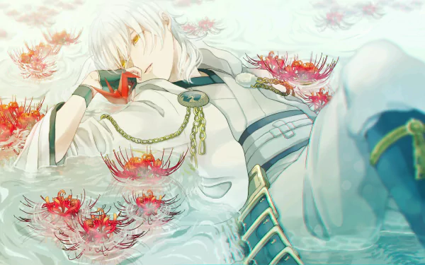 HD anime desktop wallpaper featuring Tsurumaru Kuninaga from Touken Ranbu, depicted lying among vibrant red spider lilies in a serene and detailed setting.