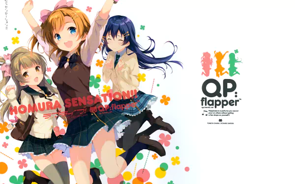 4K Ultra HD desktop wallpaper featuring anime characters Kotori Minami, Umi Sonoda, and Honoka Kousaka from Love Live! with vibrant colors and playful poses.