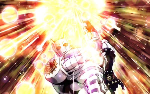 Killer Queen from JoJo's Bizarre Adventure — anime HD PC wallpaper showing the Stand lunging forward through a blazing golden explosion of light and energy.