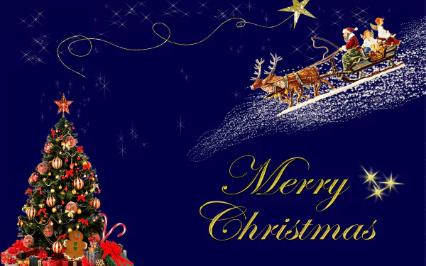 HD desktop wallpaper of a festive Christmas scene with a decorated tree and Santa in a sleigh against a starry night sky, captioned Merry Christmas in gold text.