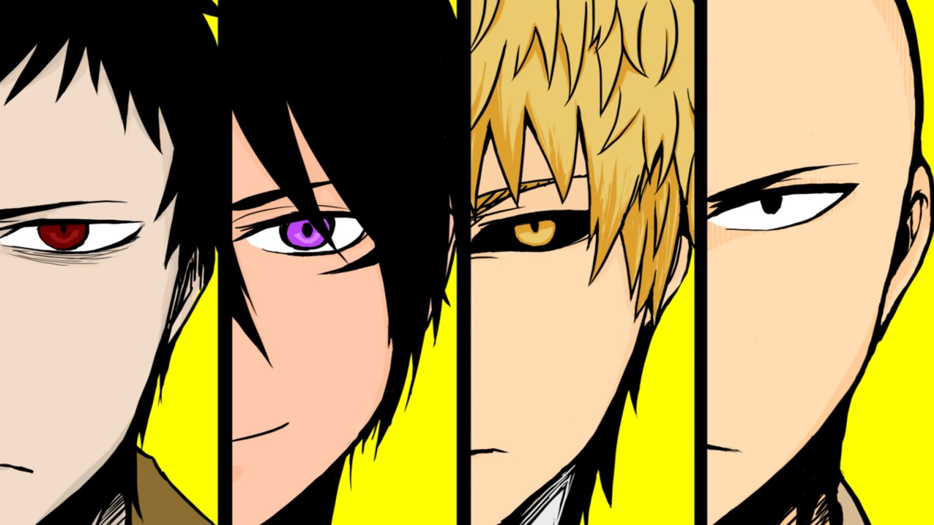HD PC desktop wallpaper featuring close-up anime-style faces from One-Punch Man, highlighting intense eyes and sharp expressions in a vibrant yellow background.