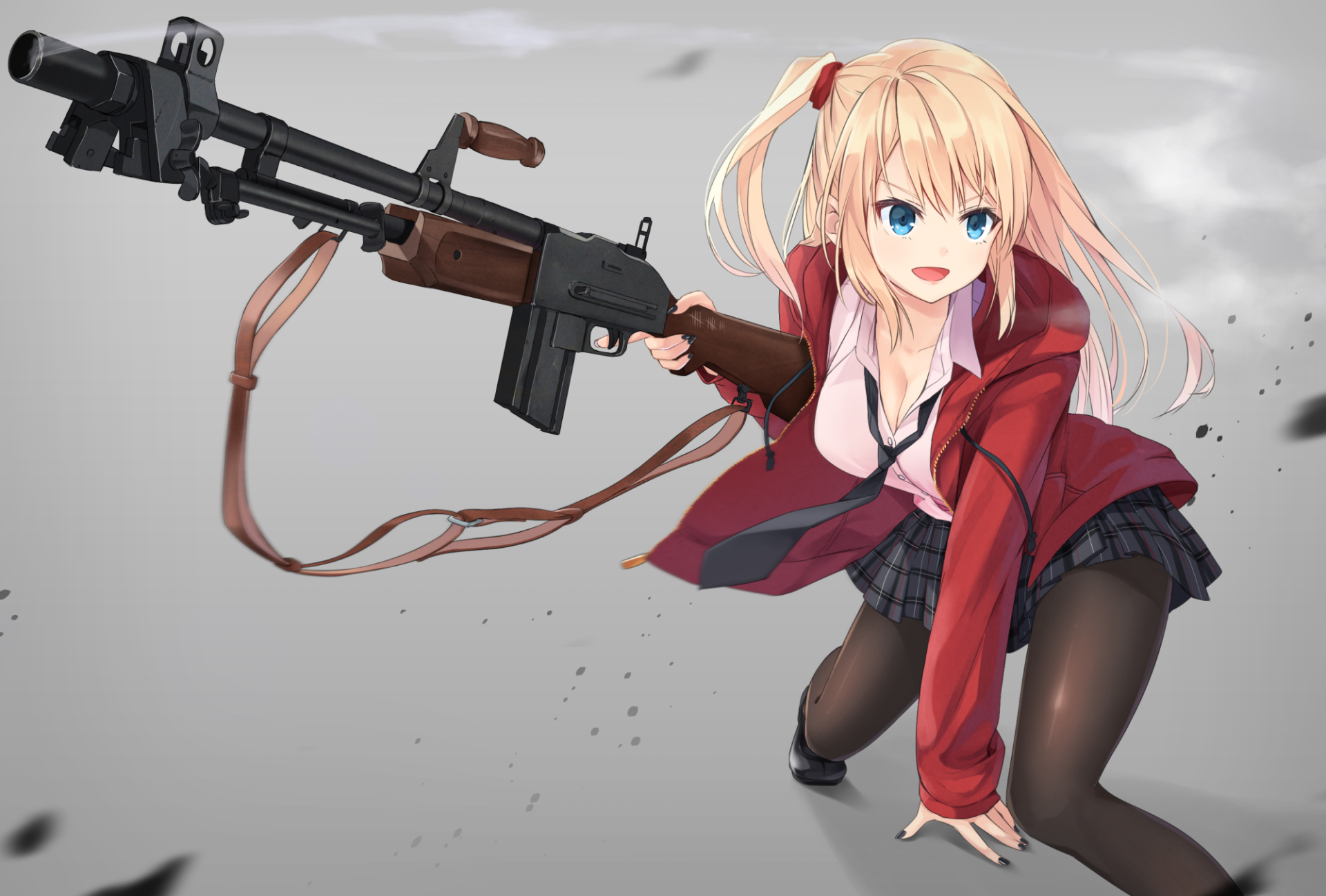 Anime character with blonde hair and blue eyes holding a large gun, wearing a red jacket, short skirt, and stockings, set against a dynamic HD background.