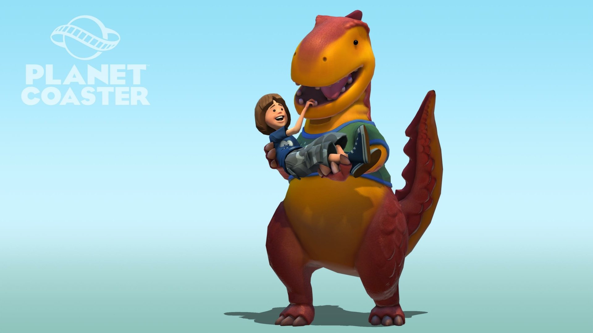 HD wallpaper of a character riding a dinosaur from the game Planet Coaster, with the game's logo in the background.