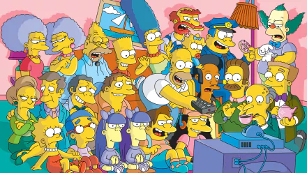 HD desktop wallpaper featuring Krusty the Clown, Maggie, Bart, Marge, Lisa, Homer Simpson, and other characters from The Simpsons TV show gathered around a TV.