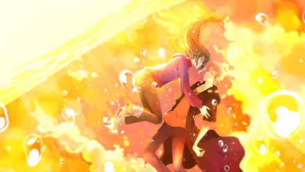 Anime Kagerou Project 2K Quad HD PC desktop wallpaper: two characters embrace as they float through glowing golden bubbles and sunlight, bathed in warm orange-yellow hues.