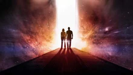 4K Ultra HD desktop wallpaper featuring Chris Pratt and Jennifer Lawrence from the movie Passengers, silhouetted against a bright, cosmic sci-fi backdrop.