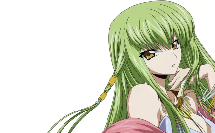 HD anime desktop wallpaper featuring C.C. from Code Geass with her signature long green hair and confident expression on a clean white background.