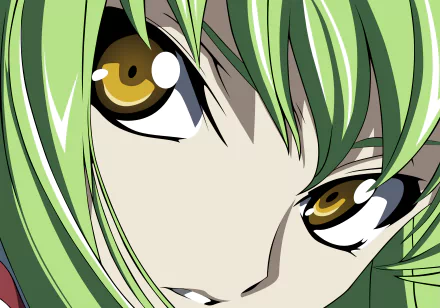 Close-up of C.C. from Code Geass anime, featuring her vibrant green hair and golden eyes in a 4K Ultra HD PC desktop wallpaper and background.
