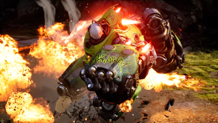 Crunch (Paragon) lunges through flames, fist forward in an intense Paragon video game action shot — 2K Quad HD PC desktop wallpaper/background.