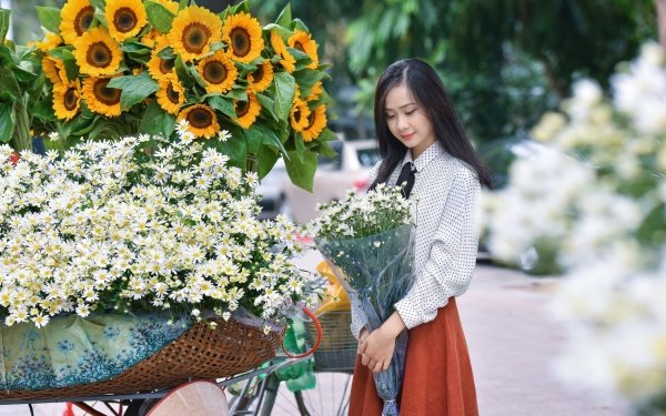 Women Asian Model Brunette Flower White Flower Depth Of Field Bouquet Sunflower Yellow Flower HD Wallpaper | Background Image