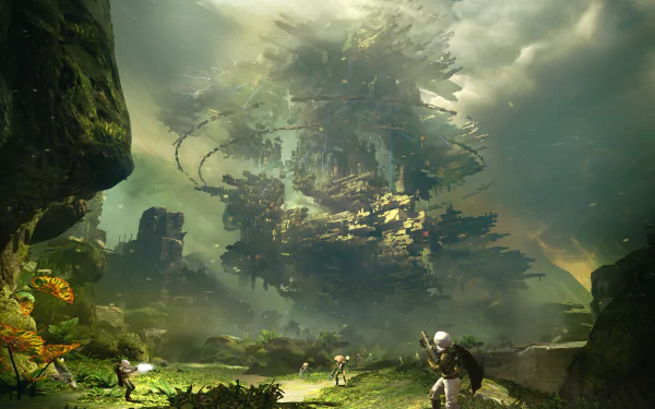 HD desktop wallpaper featuring warriors in a fantastical alien landscape, with a towering, intricate building in the distance. Inspired by the video game Destiny.