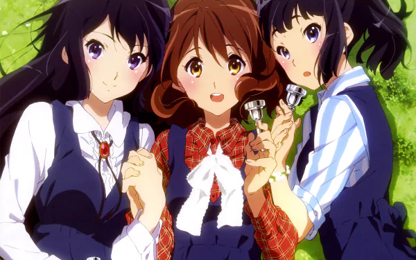 Anime scene from Sound! Euphonium featuring three girls in school uniforms holding small bells, rendered in vibrant 4K Ultra HD for PC desktop wallpaper and background.