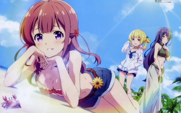 4K Ultra HD anime wallpaper featuring characters from Girlish Number against a bright blue sky with fluffy clouds.