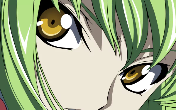 Close-up of C.C. from Code Geass anime, featuring her vibrant green hair and golden eyes in a 4K Ultra HD PC desktop wallpaper and background.