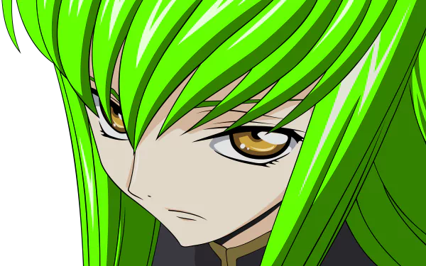 Close-up of C.C. (Code Geass) with vivid green hair and golden eyes, serious anime expression — 5K Ultra HD PC desktop wallpaper/background.