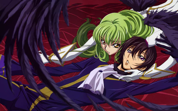 Code Geass anime 4K Ultra HD PC desktop wallpaper: green-haired C.C. cradling Lelouch on a crimson backdrop, black wings framing the pair.