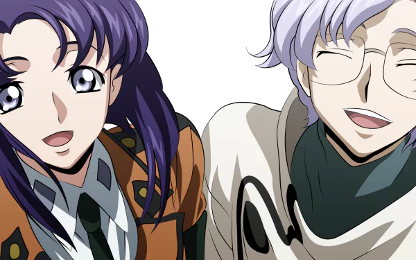 HD PC desktop wallpaper featuring two smiling anime characters from Code Geass, showcasing detailed art and vibrant colors against a black background.