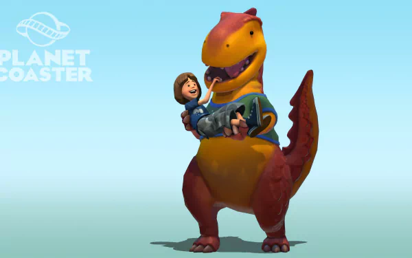 HD wallpaper of a character riding a dinosaur from the game Planet Coaster, with the game's logo in the background.