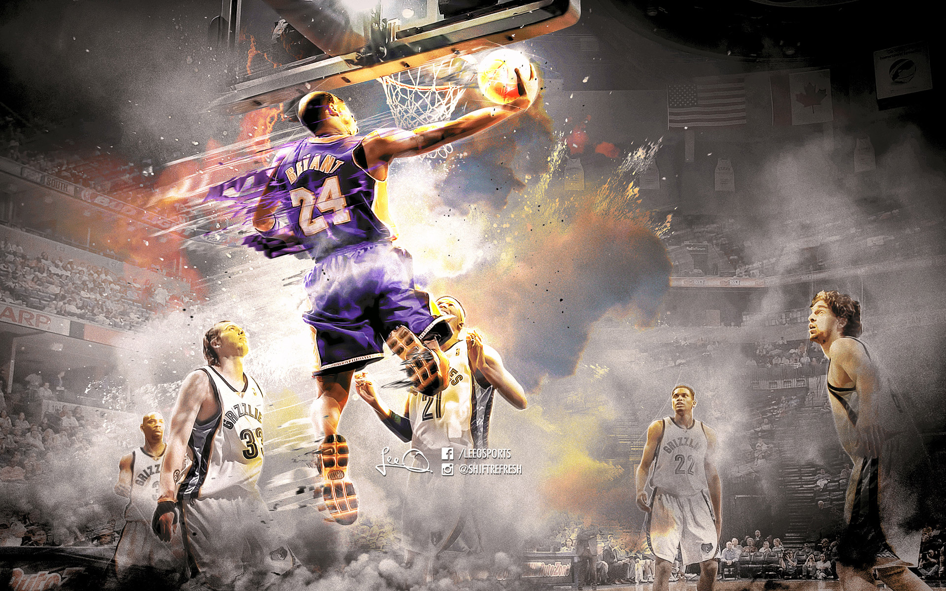 HD wallpaper featuring an artistic depiction of a basketball player making an impressive jump shot on the court.