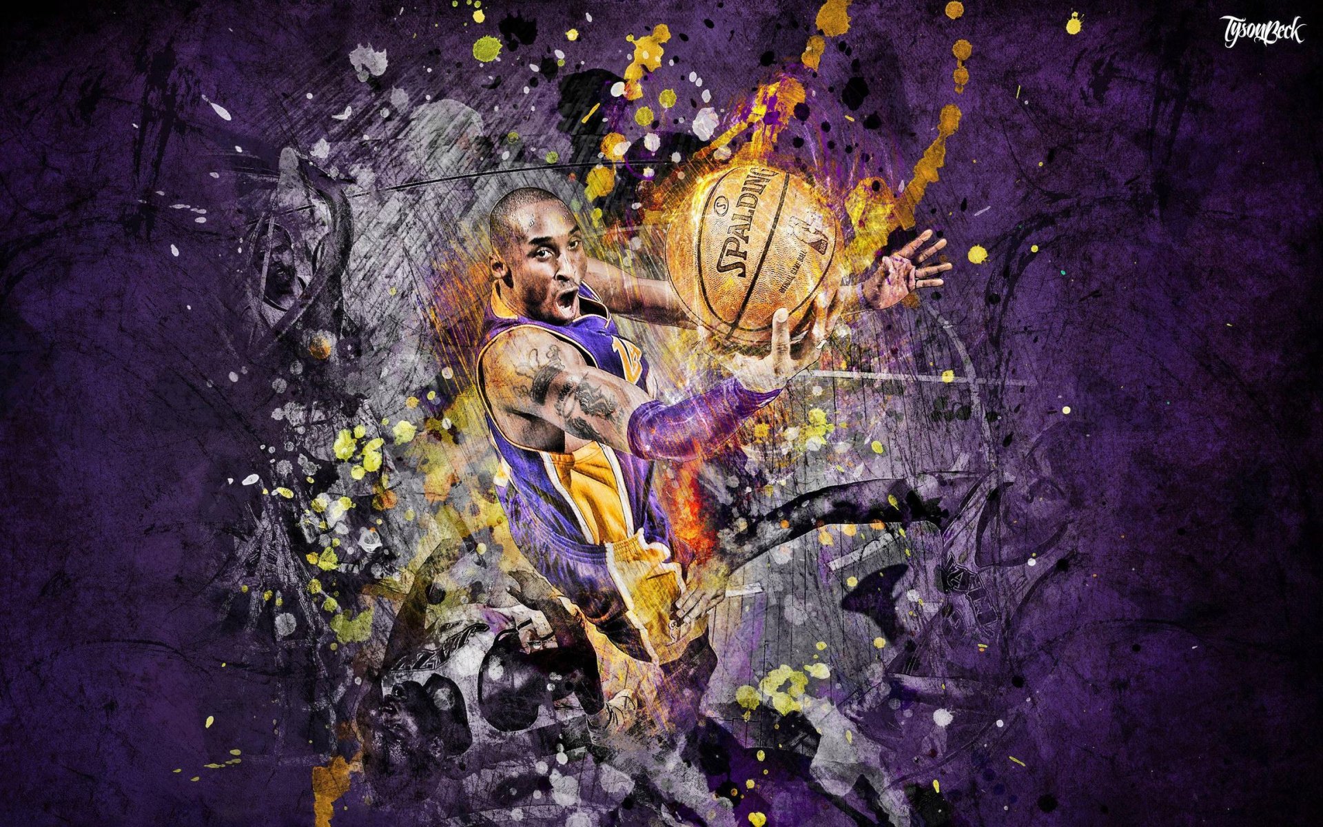HD desktop wallpaper featuring an artistic rendition of Kobe Bryant in action on a vibrant purple and gold background.