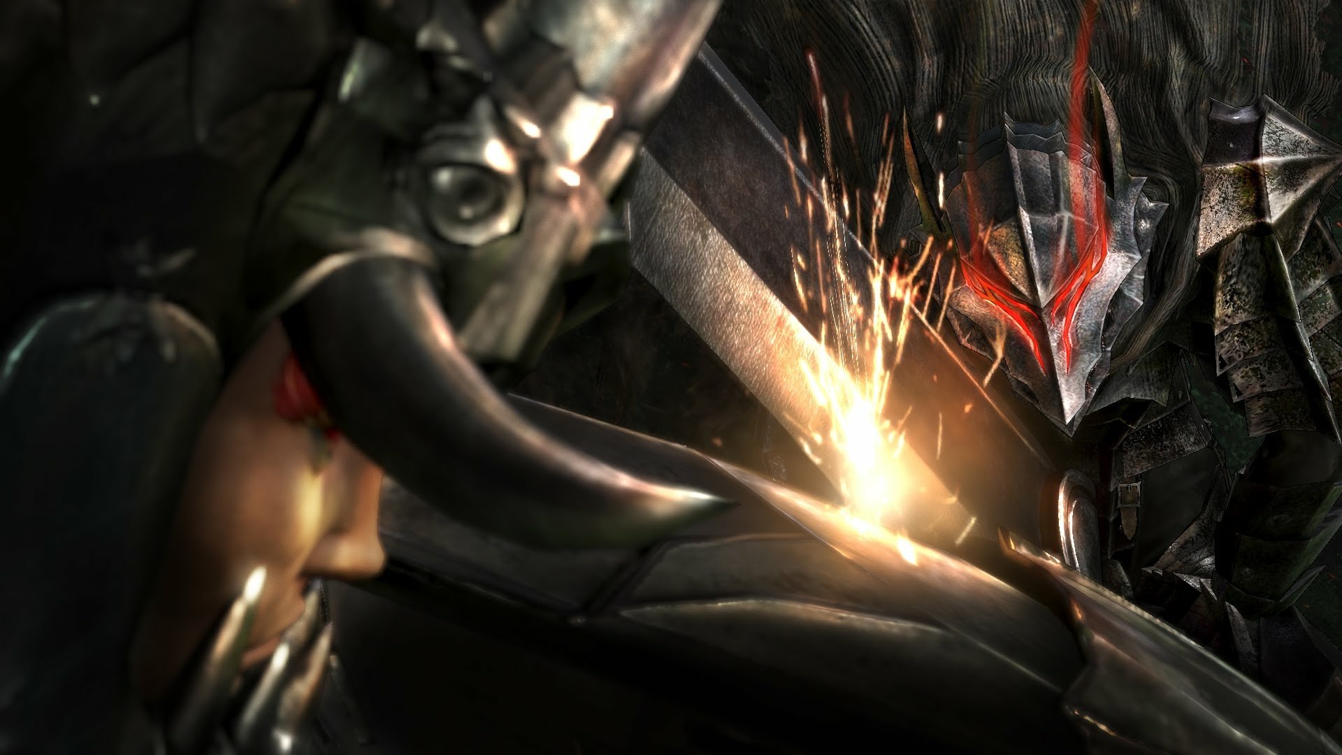 HD PC desktop wallpaper featuring a dark, intense scene from the anime Berserk, highlighting a close-up of armored figures with sparks flying.