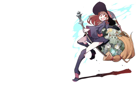 A vibrant HD desktop wallpaper of anime characters Lotte Yanson, Sucy Manbavaran, and Atsuko Kagari from Little Witch Academia, set against a white background.