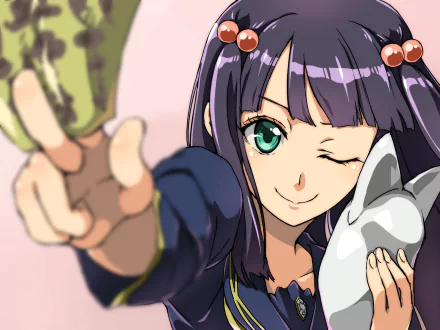 HD desktop wallpaper featuring a character from the anime Twin Star Exorcists. The character, with purple hair and green eyes, smiles and winks while holding a white fox mask.