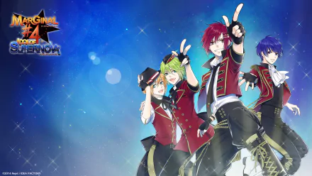 HD PC desktop wallpaper of anime group Marginal#4: Kiss kara Tsukuru Big Bang — four colorful idol members in red stage uniforms striking energetic poses against a starry blue background.