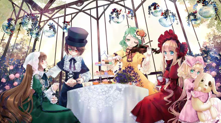 HD anime desktop wallpaper of Rozen Maiden characters enjoying tea in an ornate glass greenhouse, surrounded by flowers and elegant décor.