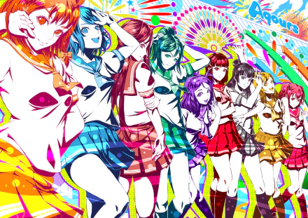 HD desktop wallpaper featuring Hanamaru Kunikida, Ruby Kurosawa, Dia Kurosawa, Riko Sakurauchi, Chika Takami, You Watanabe, Yoshiko Tsushima, Mari Ohara, and Kanan Matsuura from Love Live! Sunshine!!