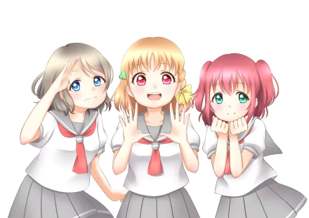 2K Quad HD anime desktop wallpaper of Love Live! Sunshine!! trio Ruby Kurosawa, Chika Takami and You Watanabe in school uniforms, smiling and posing against a white background.