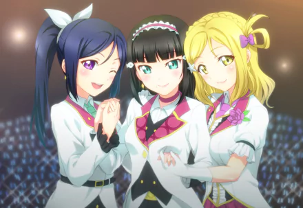 HD PC desktop wallpaper of Love Live! Sunshine!! trio Mari Ohara, Dia Kurosawa and Kanan Matsuura in white stage outfits, smiling and holding hands on a glowing concert stage background.