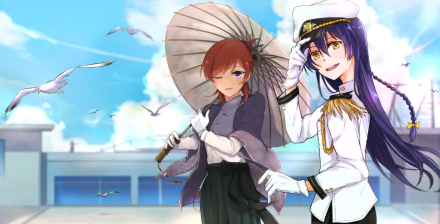 Umi Sonoda (Love Live!) anime 2K Quad HD PC desktop wallpaper: Umi in white naval uniform beside a red‑haired girl with a parasol, seagulls and a bright seaside sky.