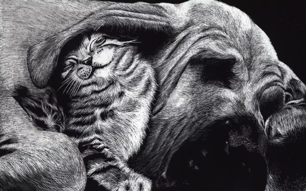 Black and white HD desktop wallpaper showing a sleeping basset hound and a content cat cuddled together, showcasing a peaceful bond between dog and cat.