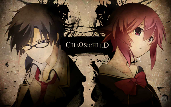 HD anime desktop wallpaper featuring two characters from ChaoS;Child against a grungy background with the title centered between them.