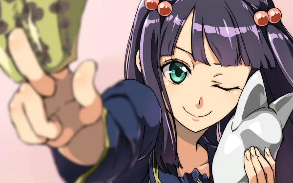HD desktop wallpaper featuring a character from the anime Twin Star Exorcists. The character, with purple hair and green eyes, smiles and winks while holding a white fox mask.