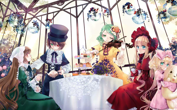 HD anime desktop wallpaper of Rozen Maiden characters enjoying tea in an ornate glass greenhouse, surrounded by flowers and elegant décor.