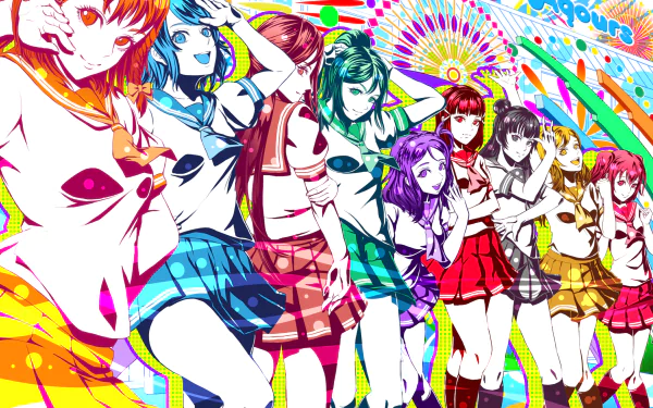 HD desktop wallpaper featuring Hanamaru Kunikida, Ruby Kurosawa, Dia Kurosawa, Riko Sakurauchi, Chika Takami, You Watanabe, Yoshiko Tsushima, Mari Ohara, and Kanan Matsuura from Love Live! Sunshine!!
