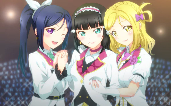 HD PC desktop wallpaper of Love Live! Sunshine!! trio Mari Ohara, Dia Kurosawa and Kanan Matsuura in white stage outfits, smiling and holding hands on a glowing concert stage background.