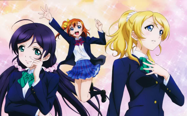 Love Live! anime trio in navy school uniforms—one jumping, two posing—on a pastel sparkling backdrop; 8K Ultra HD PC desktop wallpaper.