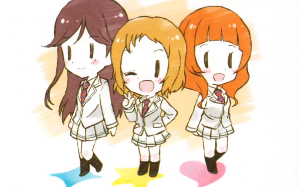 Chibi Anju Yuuki, Erena Todo, and Tsubasa Kira from Love Live! in school uniforms, smiling and holding hands on colorful shapes — HD PC desktop wallpaper/background.